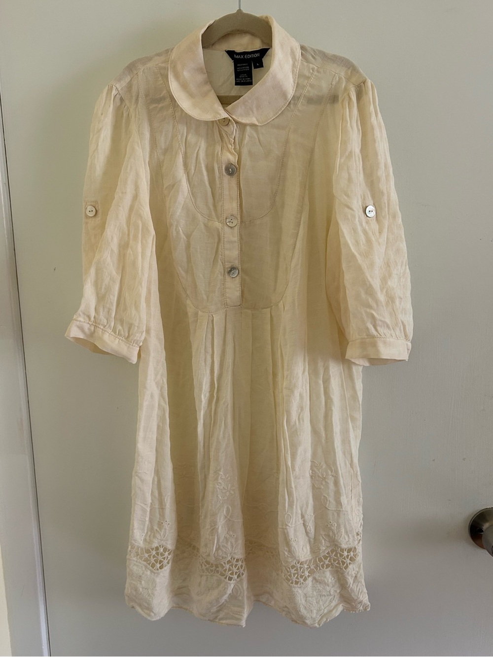 Max Edition Babydoll Dress shirt adjustable sleeve length Cream Beige Blouse